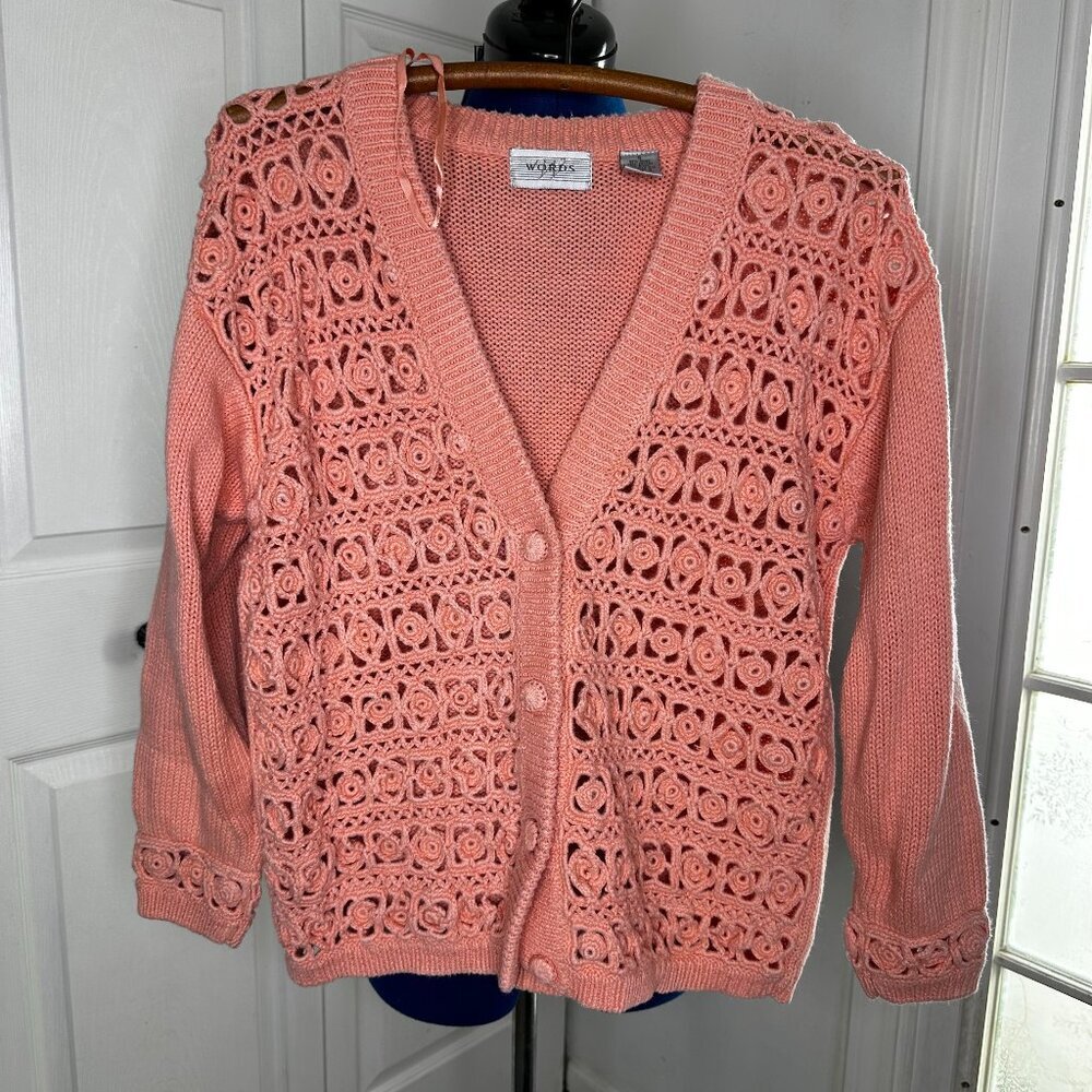 Vintage Woman's Words Pink Button Up Cardigan Size SMALL Crochet Valentines
